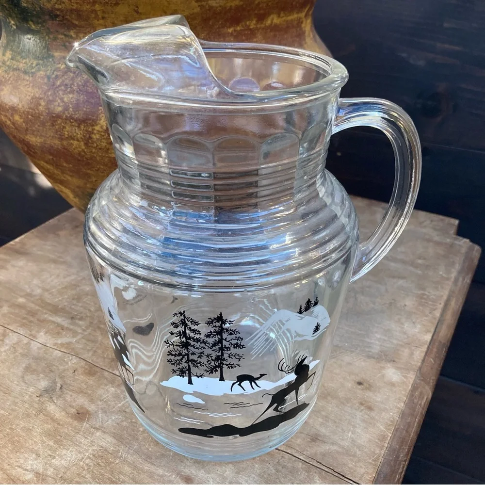 Winter scene Christmas glass pitcher snowy mountains forest reindeer buck‎
